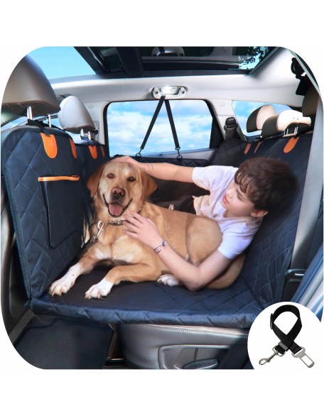 Large Backseat Cover for Dogs. Car Seat Extender with Hard Reinforced Bottom & Mesh. Heavy Duty Hammock. Large Side Flaps- Full Car/SUV Protection- Doors, Backseat & Floor. Waterproof, Washable.