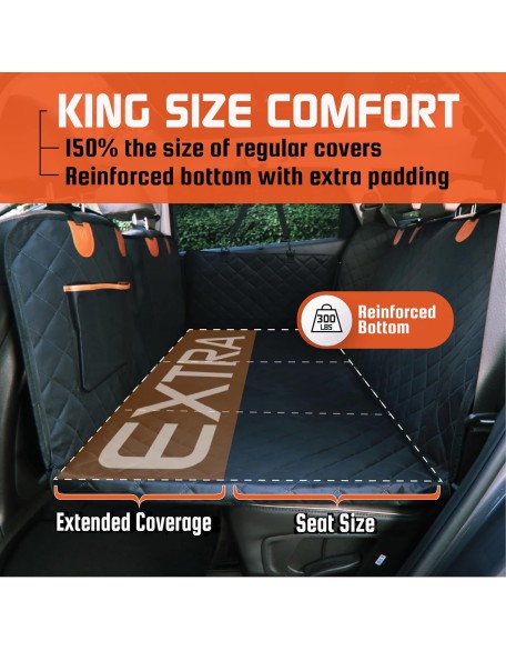 Large Backseat Cover for Dogs. Car Seat Extender with Hard Reinforced Bottom & Mesh. Heavy Duty Hammock. Large Side Flaps- Full Car/SUV Protection- Doors, Backseat & Floor. Waterproof, Washable.