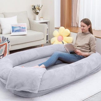 Ultra-Soft Human Size Dog Bed for People and Pets; 77”x51”x11” Extra Large Dog Bed with Raised Cushioned Rim, Removable Cover, Waterproof Lining and Bonus Blanket (77"x51"x11", Grey)