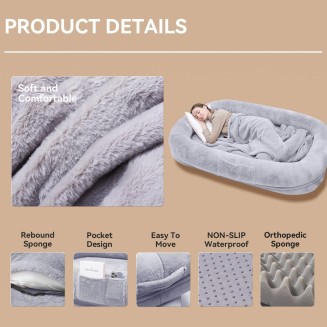 Ultra-Soft Human Size Dog Bed for People and Pets; 77”x51”x11” Extra Large Dog Bed with Raised Cushioned Rim, Removable Cover, Waterproof Lining and Bonus Blanket (77"x51"x11", Grey)