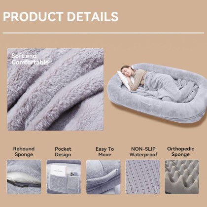 Ultra-Soft Human Size Dog Bed for People and Pets; 77”x51”x11” Extra Large Dog Bed with Raised Cushioned Rim, Removable Cover, Waterproof Lining and Bonus Blanket (77"x51"x11", Grey)