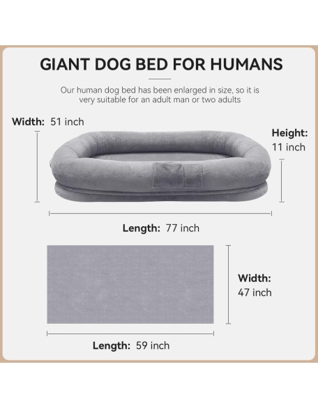 Ultra-Soft Human Size Dog Bed for People and Pets; 77”x51”x11” Extra Large Dog Bed with Raised Cushioned Rim, Removable Cover, Waterproof Lining and Bonus Blanket (77"x51"x11", Grey)