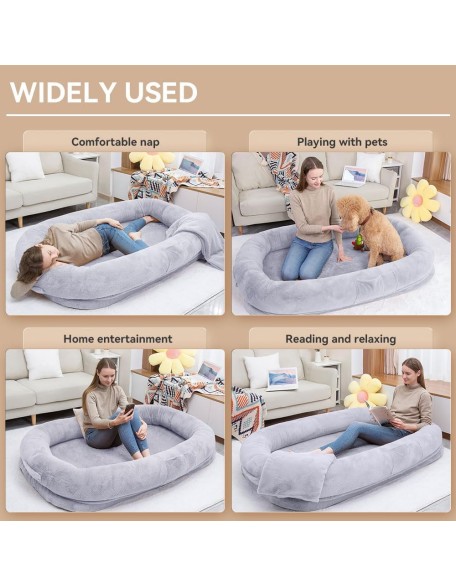 Ultra-Soft Human Size Dog Bed for People and Pets; 77”x51”x11” Extra Large Dog Bed with Raised Cushioned Rim, Removable Cover, Waterproof Lining and Bonus Blanket (77"x51"x11", Grey)