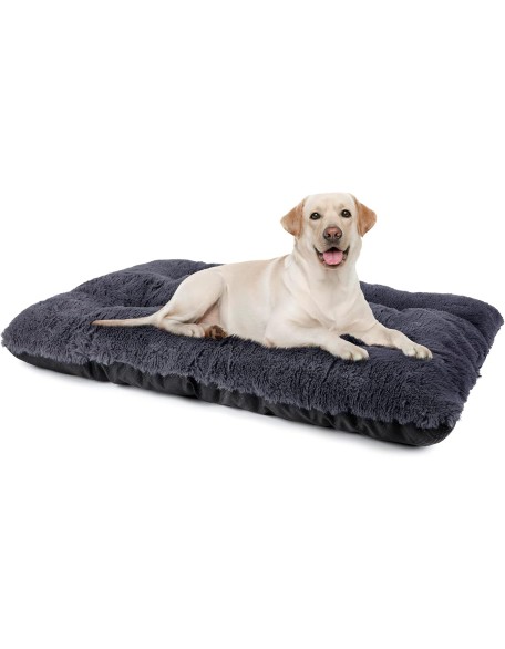 Large Dog Bed Crate Pad, Deluxe Plush Washable Dog Beds Fulffy Soft Kennel Pad Anti-Slip Pet Sleeping Mat for Large Medium Small Dogs, 35" x 21", Grey