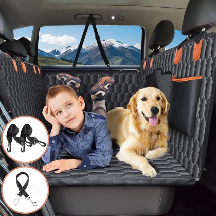 Back Seat Extender for Dogs-Supports 400lb,Waterproof Dog Car Seat Cover Hard Bottom-Detachable,600D Heavy Duty Scratch Proof Nonslip Soft,Dog Hammock for Car,SUVs