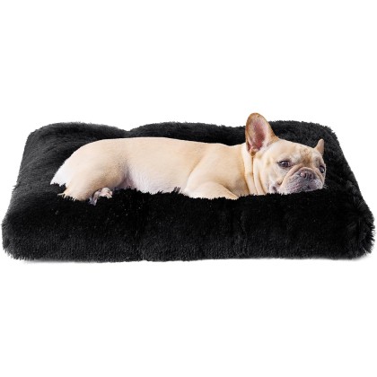 Fluffy Dog Crate Bed for Medium Dogs, Plush Faux Fur Dog Crate Pad, Calming Anti Anxiety Medium Dog Bed for Crate, Washable Soft Warm Dog Crate Mat with Non-Slip Bottom, Black