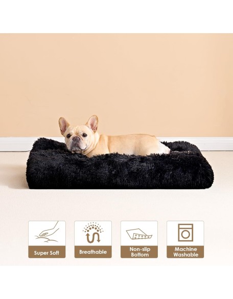 Fluffy Dog Crate Bed for Medium Dogs, Plush Faux Fur Dog Crate Pad, Calming Anti Anxiety Medium Dog Bed for Crate, Washable Soft Warm Dog Crate Mat with Non-Slip Bottom, Black