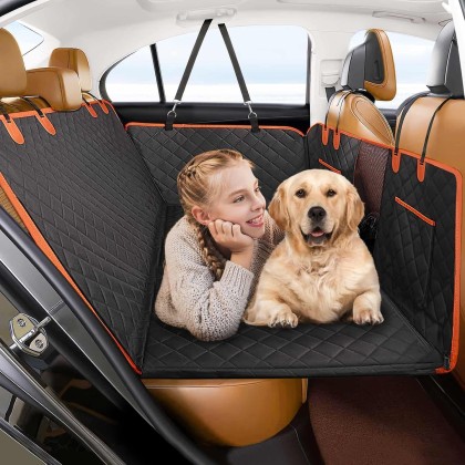 Back Seat Extender for Dogs, Hard Bottom Dog Car Seat Cover for Back Seat with Mesh Window,100% Waterproof Pet Dog Hammock for Car SUV Backseat Protector Travel Camping Bed (Black)