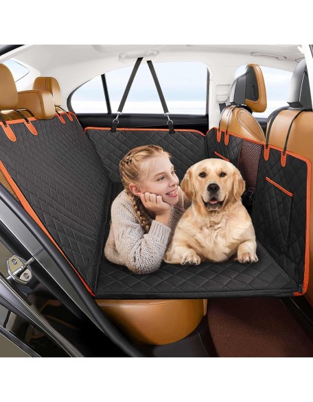 Back Seat Extender for Dogs, Hard Bottom Dog Car Seat Cover for Back Seat with Mesh Window,100% Waterproof Pet Dog Hammock for Car SUV Backseat Protector Travel Camping Bed (Black)