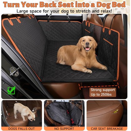 Back Seat Extender for Dogs, Hard Bottom Dog Car Seat Cover for Back Seat with Mesh Window,100% Waterproof Pet Dog Hammock for Car SUV Backseat Protector Travel Camping Bed (Black)