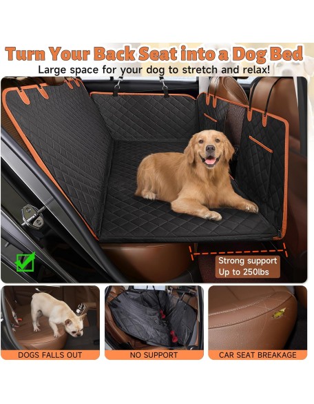 Back Seat Extender for Dogs, Hard Bottom Dog Car Seat Cover for Back Seat with Mesh Window,100% Waterproof Pet Dog Hammock for Car SUV Backseat Protector Travel Camping Bed (Black)