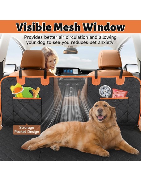 Back Seat Extender for Dogs, Hard Bottom Dog Car Seat Cover for Back Seat with Mesh Window,100% Waterproof Pet Dog Hammock for Car SUV Backseat Protector Travel Camping Bed (Black)