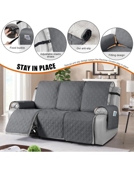 Waterproof Recliner Couch Covers, Sofa Covers 1-Piece Washable Reclining Sofa Cover Non-Slip Furniture Protector with Elastic Straps Pocket for Dogs, Pets(Dark Gray,3 Seater)