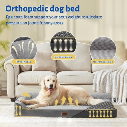 Orthopedic Dog Beds Big Large Sized Dog, Pet Sofa Bed with Removable Washable Cover, Egg Foam Support, Bolster Cushion for Comfortable Sleep, Waterproof Lining and Non-Slip Bottom