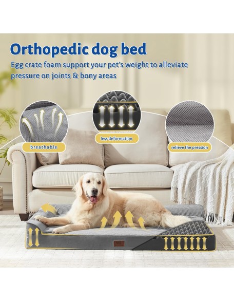 Orthopedic Dog Beds Big Large Sized Dog, Pet Sofa Bed with Removable Washable Cover, Egg Foam Support, Bolster Cushion for Comfortable Sleep, Waterproof Lining and Non-Slip Bottom