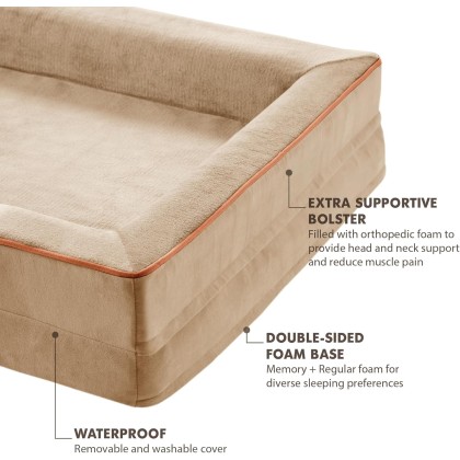 XXL Orthopedic Dog Sofa Bed - Jumbo Pet Couch with Memory Foam, Completely Removable Washable Cover, Waterproof Lining, Nonskid Bottom, Beige - Perfect for Large Breeds