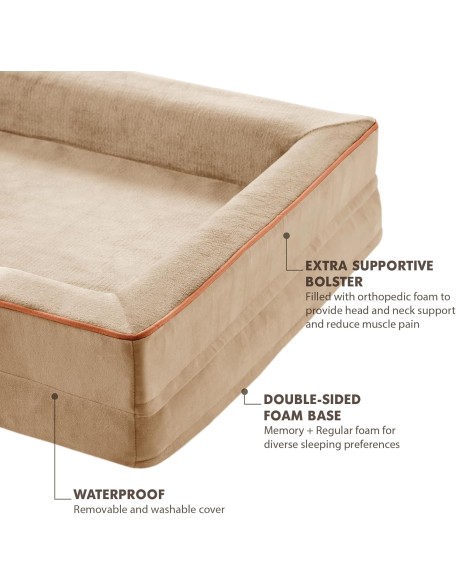 XXL Orthopedic Dog Sofa Bed - Jumbo Pet Couch with Memory Foam, Completely Removable Washable Cover, Waterproof Lining, Nonskid Bottom, Beige - Perfect for Large Breeds