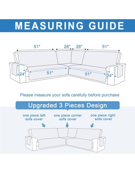 100% Waterproof Corner Sectional Couch Covers L Shape 3-Piece Quilted Sectional Sofa Cover Slipcover Set U Shaped Washable Pet Dog Furniture Protector with Non Slip Straps (Dark Gray)