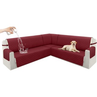 100% Waterproof Corner Sectional Couch Covers L Shape Sofa Cover Washable Thick Soft Quilted U Shaped Sectional Slipcovers Non Slip Universal Pets Dogs Furniture Protector (Wine Red)