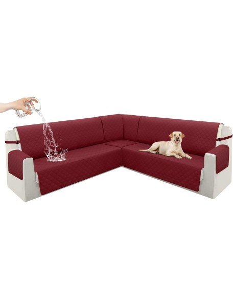 100% Waterproof Corner Sectional Couch Covers L Shape Sofa Cover Washable Thick Soft Quilted U Shaped Sectional Slipcovers Non Slip Universal Pets Dogs Furniture Protector (Wine Red)