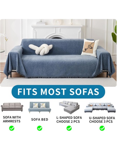 Non Slip couch cover sofa covers for 3 cushion couch Washable sectional couch covers for Dogs pet Furniture Protector Couch Cover Blanket for Living Room (Blue, 91"x134")