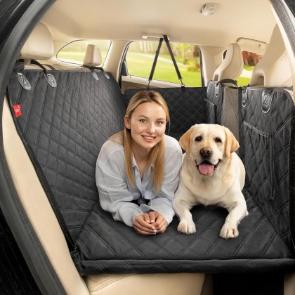 Back Seat Extender for Dogs, Premium Car Seat Cover with Hard Bottom Plates, Waterproof Backseat Protector, Mesh Window and 2 Storage Pockets, Hammock Travel Bed for Car, SUV, Truck