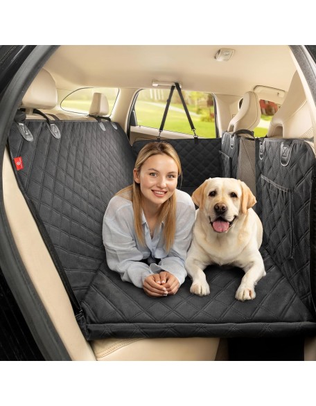 Back Seat Extender for Dogs, Premium Car Seat Cover with Hard Bottom Plates, Waterproof Backseat Protector, Mesh Window and 2 Storage Pockets, Hammock Travel Bed for Car, SUV, Truck