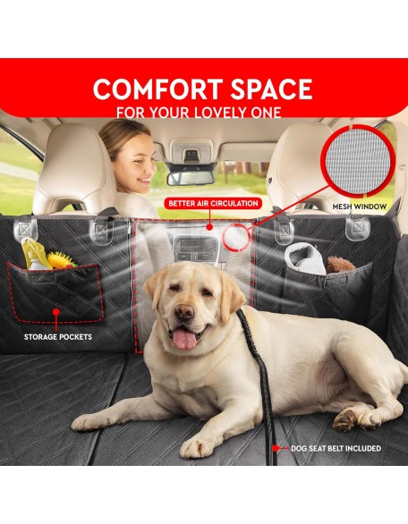 Back Seat Extender for Dogs, Premium Car Seat Cover with Hard Bottom Plates, Waterproof Backseat Protector, Mesh Window and 2 Storage Pockets, Hammock Travel Bed for Car, SUV, Truck