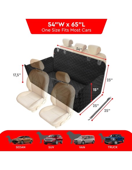 Back Seat Extender for Dogs, Premium Car Seat Cover with Hard Bottom Plates, Waterproof Backseat Protector, Mesh Window and 2 Storage Pockets, Hammock Travel Bed for Car, SUV, Truck