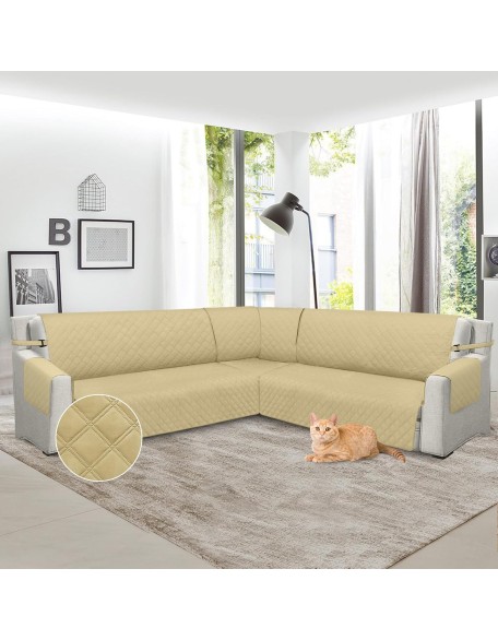 3 Piece Corner Sectional Couch Covers 100% Waterproof L Shape Sofa Cover for Dogs Pet U Shaped Sectional Slipcover Set Living Room Slip Cover Furniture Protector (Light Beige, Large)