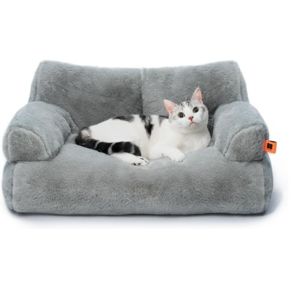 Pet Couch Bed, Washable Cat Beds for Medium Small Dogs & Cats up to 25 lbs, Dog Beds with Non-Slip Bottom, Fluffy Cat Couch, 26×19×13 Inch (Grey)