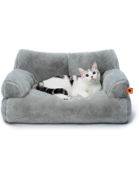 Pet Couch Bed, Washable Cat Beds for Medium Small Dogs & Cats up to 25 lbs, Dog Beds with Non-Slip Bottom, Fluffy Cat Couch, 26×19×13 Inch (Grey)