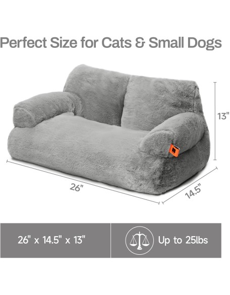 Pet Couch Bed, Washable Cat Beds for Medium Small Dogs & Cats up to 25 lbs, Dog Beds with Non-Slip Bottom, Fluffy Cat Couch, 26×19×13 Inch (Grey)