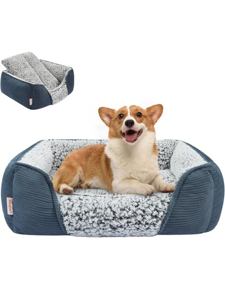 Washable Dog Bed with Removable Cushion for Medium Small Dogs, Easy to Wash Pet Sofa Bed with Side, Rectangle Bolster Cat Bed Calming Cuddle Puppy Bed with Anti-Slip Bottom, Blue 30 Inch