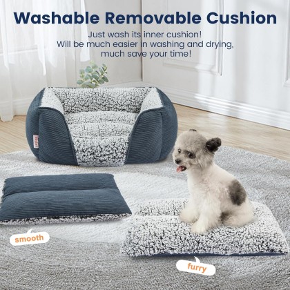 Washable Dog Bed with Removable Cushion for Medium Small Dogs, Easy to Wash Pet Sofa Bed with Side, Rectangle Bolster Cat Bed Calming Cuddle Puppy Bed with Anti-Slip Bottom, Blue 30 Inch