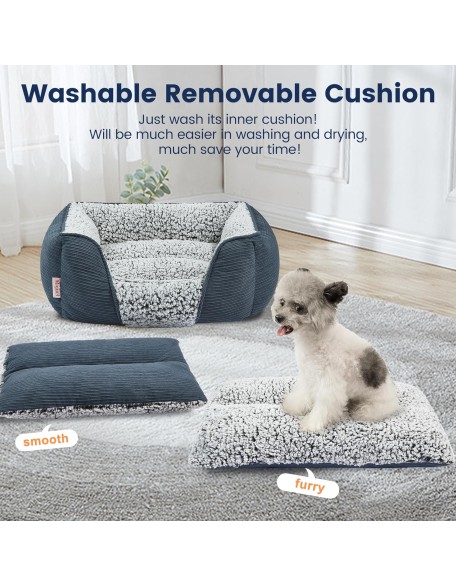 Washable Dog Bed with Removable Cushion for Medium Small Dogs, Easy to Wash Pet Sofa Bed with Side, Rectangle Bolster Cat Bed Calming Cuddle Puppy Bed with Anti-Slip Bottom, Blue 30 Inch