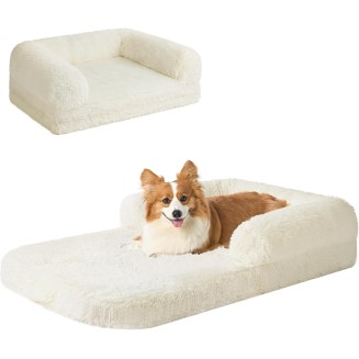 Foldable XL Dog Bed, Faux Fur Fluffy Dog Bed for Extra Large Dogs, Orthopedic Calming Memory Foam XL Dog Couch Bed, Washable Soft Warm Dog Sofa Bed with Non-Slip Bottom, Beige, 40"x30"x7"