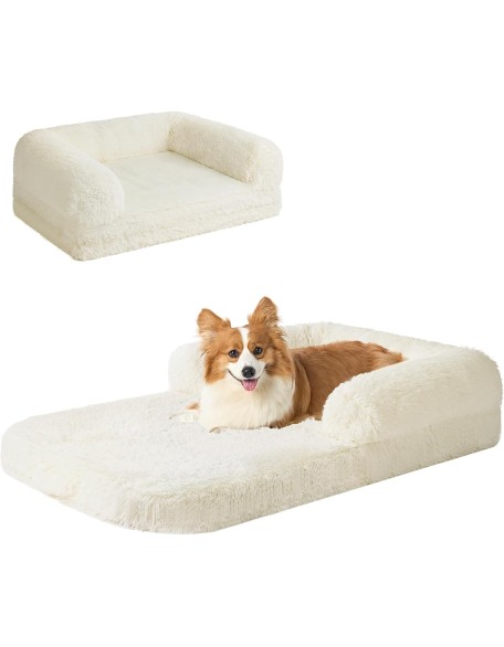 Foldable XL Dog Bed, Faux Fur Fluffy Dog Bed for Extra Large Dogs, Orthopedic Calming Memory Foam XL Dog Couch Bed, Washable Soft Warm Dog Sofa Bed with Non-Slip Bottom, Beige, 40"x30"x7"