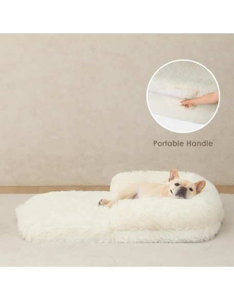 Foldable XL Dog Bed, Faux Fur Fluffy Dog Bed for Extra Large Dogs, Orthopedic Calming Memory Foam XL Dog Couch Bed, Washable Soft Warm Dog Sofa Bed with Non-Slip Bottom, Beige, 40"x30"x7"