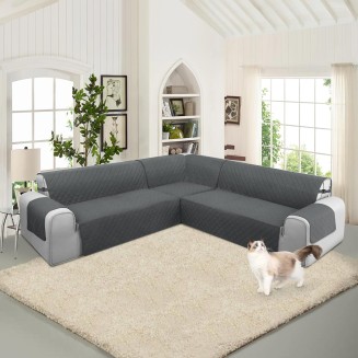 Waterproof 5-Piece Corner Sectional Couch Covers L Shaped Sofa Cover for Dogs U Shape Sofa Slipcovers with Anti-Slip Foams Soft Washable Furniture Protector for Pets (Dark Gray, Large)