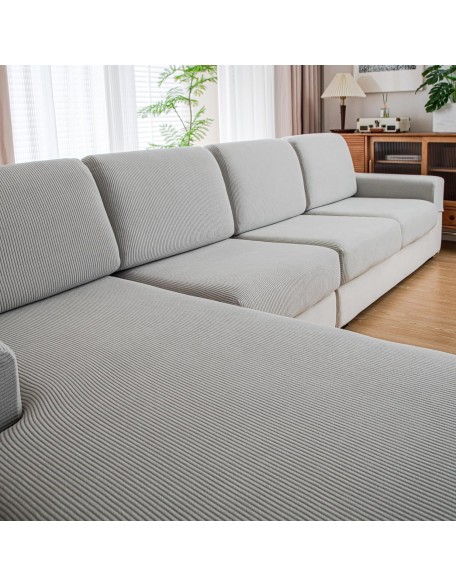 Couch Cushion Covers,Comfort Soft Magic Sofa Covers Washable Stretch Resistant for 3 Chair  Cushion Couch Furniture Protector for Pets Sectional Slipcovers(3-Piece+1 Chaise,Light Gray)