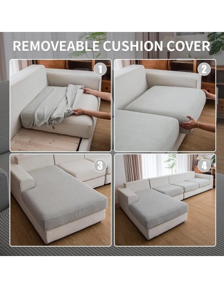 Couch Cushion Covers,Comfort Soft Magic Sofa Covers Washable Stretch Resistant for 3 Chair  Cushion Couch Furniture Protector for Pets Sectional Slipcovers(3-Piece+1 Chaise,Light Gray)