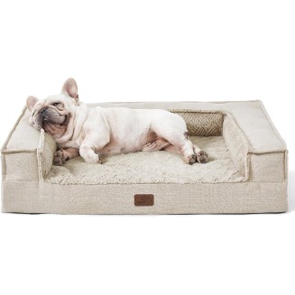 Orthopedic Dog Bed for Medium Dogs - Supportive Egg Foam Dog Sofa, Bolster Couch Pet Bed with Removable Waterproof Washable Cover, Comfy Plush Velvet Fluff Surface, Nonskid Bottom, Beige