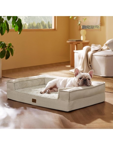 Orthopedic Dog Bed for Medium Dogs - Supportive Egg Foam Dog Sofa, Bolster Couch Pet Bed with Removable Waterproof Washable Cover, Comfy Plush Velvet Fluff Surface, Nonskid Bottom, Beige