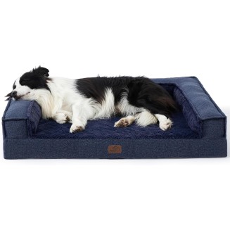 Orthopedic Dog Bed for Large Dog - Supportive Egg Foam Dog Sofa Bed, Bolster Couch Pet Bed with Removable Waterproof Washable Cover, Comfy Plush Velvet Fluff Surface, Nonskid Bottom, Deep Blue