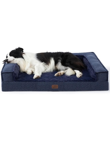 Orthopedic Dog Bed for Large Dog - Supportive Egg Foam Dog Sofa Bed, Bolster Couch Pet Bed with Removable Waterproof Washable Cover, Comfy Plush Velvet Fluff Surface, Nonskid Bottom, Deep Blue