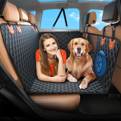 Back Seat Extender for Dogs-Supports 400lb,Dog Car Seat Cover Hard Bottom,600D Heavy Duty Scratch Proof Nonslip Soft Dog Hammock for Car,SUV (Black with Orange)