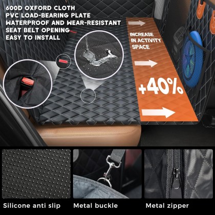 Back Seat Extender for Dogs-Supports 400lb,Dog Car Seat Cover Hard Bottom,600D Heavy Duty Scratch Proof Nonslip Soft Dog Hammock for Car,SUV (Black with Orange)