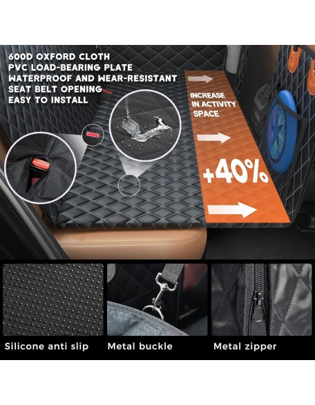 Back Seat Extender for Dogs-Supports 400lb,Dog Car Seat Cover Hard Bottom,600D Heavy Duty Scratch Proof Nonslip Soft Dog Hammock for Car,SUV (Black with Orange)