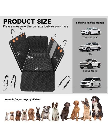 Back Seat Extender for Dogs-Supports 400lb,Dog Car Seat Cover Hard Bottom,600D Heavy Duty Scratch Proof Nonslip Soft Dog Hammock for Car,SUV (Black with Orange)